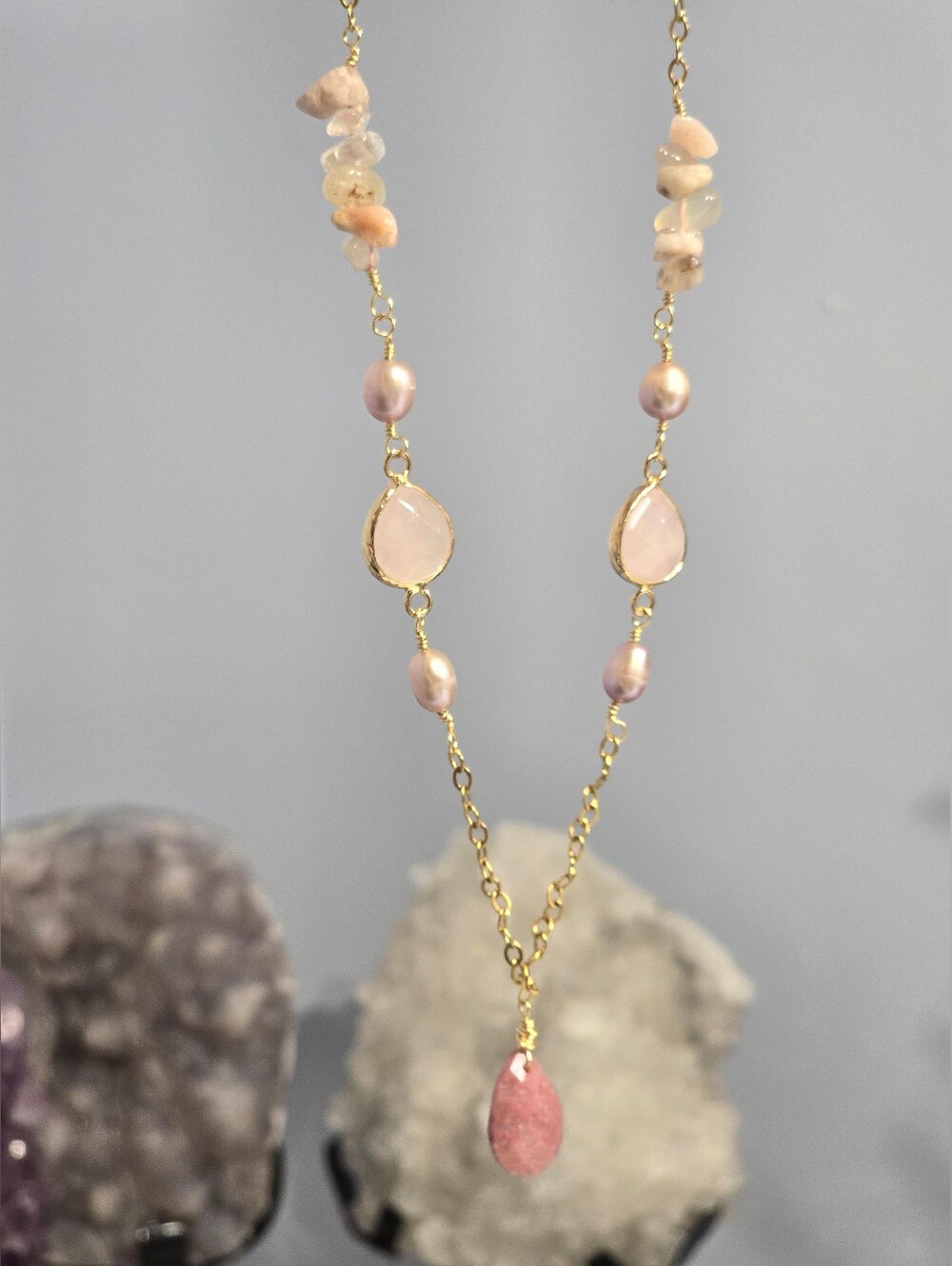 Rhodonite, Pink Freshwater Pearls, And Flower Agate Chip Beads